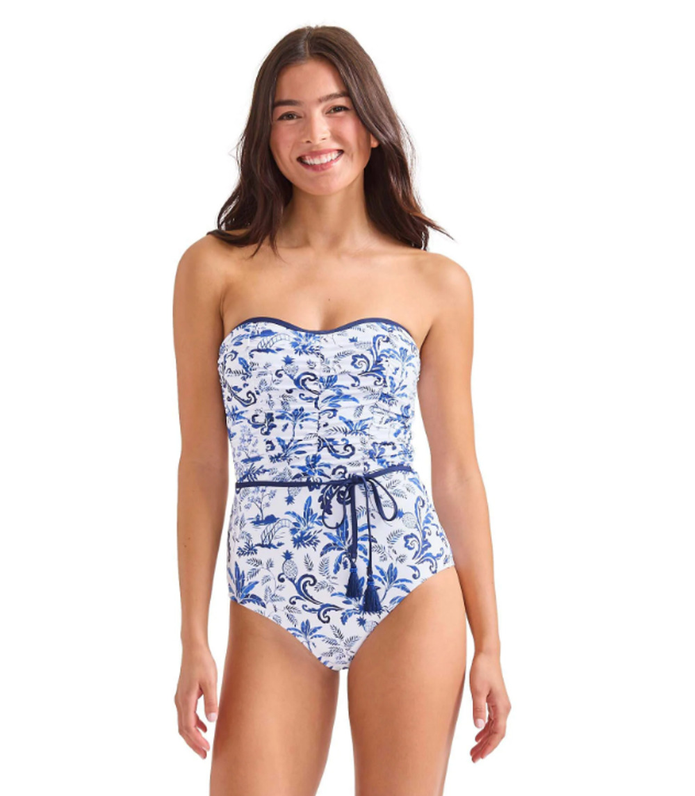 TOMMY BAHAMA Terrazzo Tile Bandeau One Piece Swimsuit Size 4 Blue Floral NWT